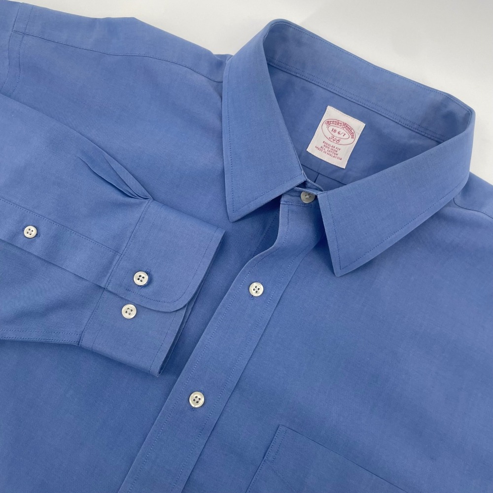 Brooks Brothers 346 Dress Shirt Mens 18 6/7 Blue Non-Iron Regular Fit Cotton